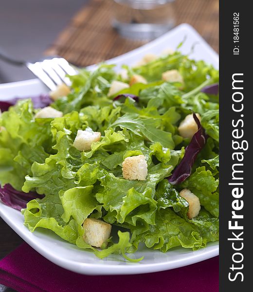 A mixed green vegetable salad with croutons served in a modern way. A mixed green vegetable salad with croutons served in a modern way