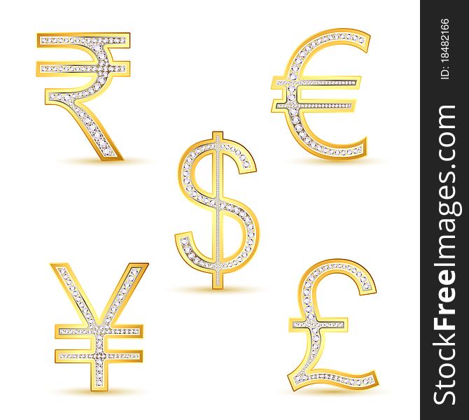 Illustration of different currency in gold embedded with diamond. Illustration of different currency in gold embedded with diamond