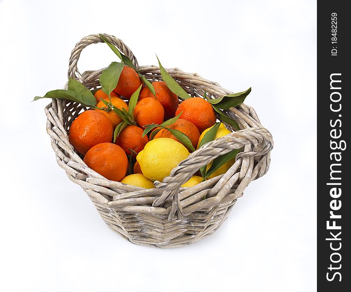 A basket full of citrus fruit. A basket full of citrus fruit