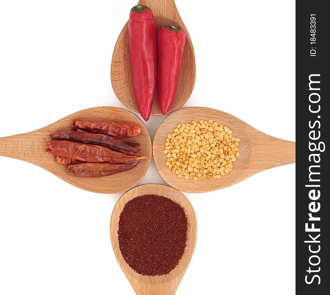 Chili selection of powder, seed and dried in skin and fresh, in four wooden spoons, over white background.