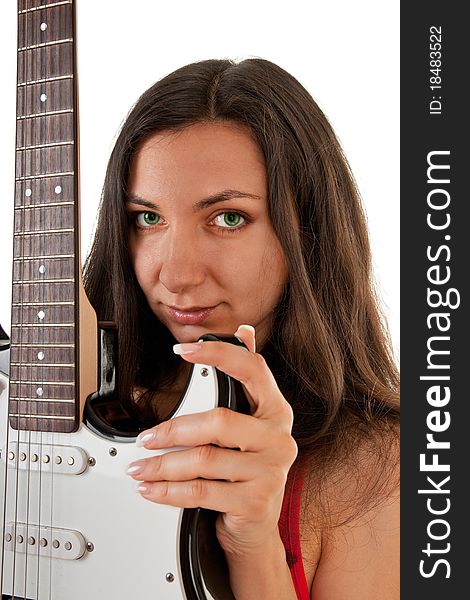 Girl with a guitar on a white background