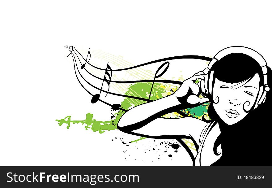 Vector of girl wearing headphones. File is layered, figure is on one layer, background on another. Vector of girl wearing headphones. File is layered, figure is on one layer, background on another.