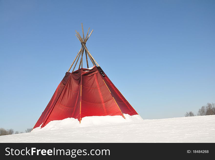 Styled lodge red. Slope of the mountain in winter. Styled lodge red. Slope of the mountain in winter.