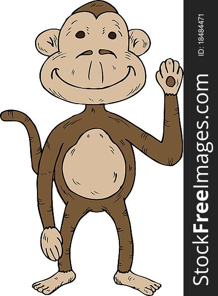 Hand drawn illustration of a cartoon monkey waving