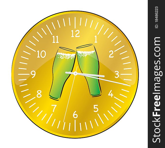 Gold metallic clock with green beer. Gold metallic clock with green beer