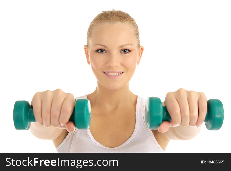 Woman engaged in fitness dumbbells isolated on white