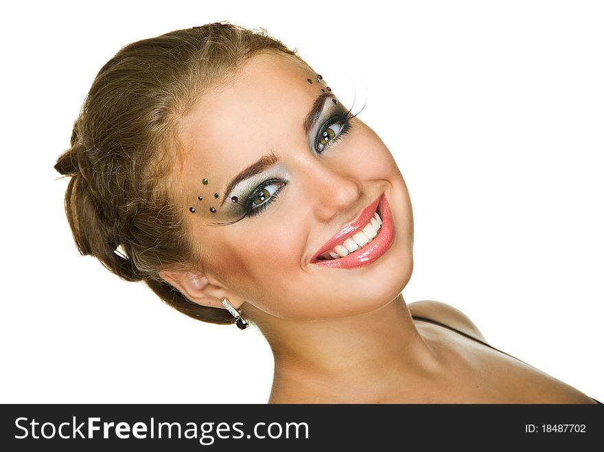 Pretty model with art make up on white background. Pretty model with art make up on white background