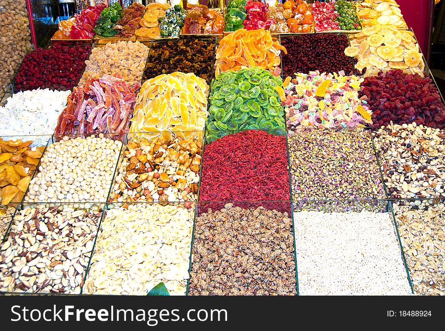 Colorful Confections and dried fruits at the market