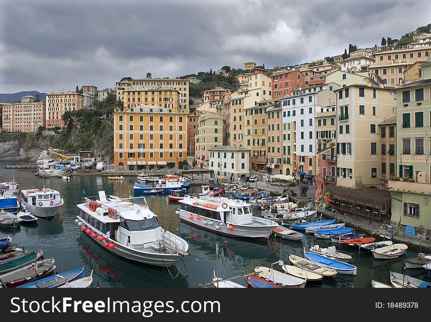 Camogli Genoa, Italy on a day with leaden skies. Camogli Genoa, Italy on a day with leaden skies