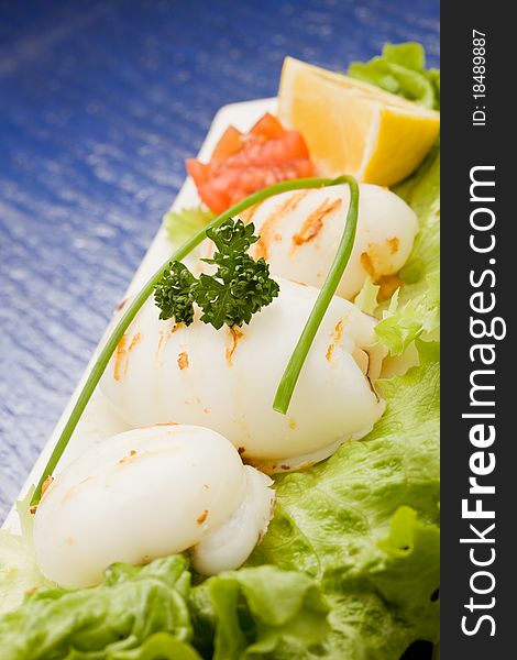 Photo of squid fish with lettuce on soft lettuce bed. Photo of squid fish with lettuce on soft lettuce bed