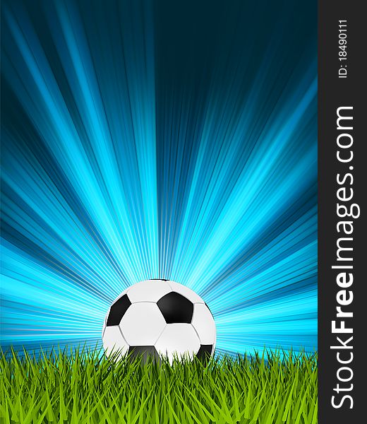 Football or soccer ball on grass with a starburst background. EPS 8 vector file included. Football or soccer ball on grass with a starburst background. EPS 8 vector file included
