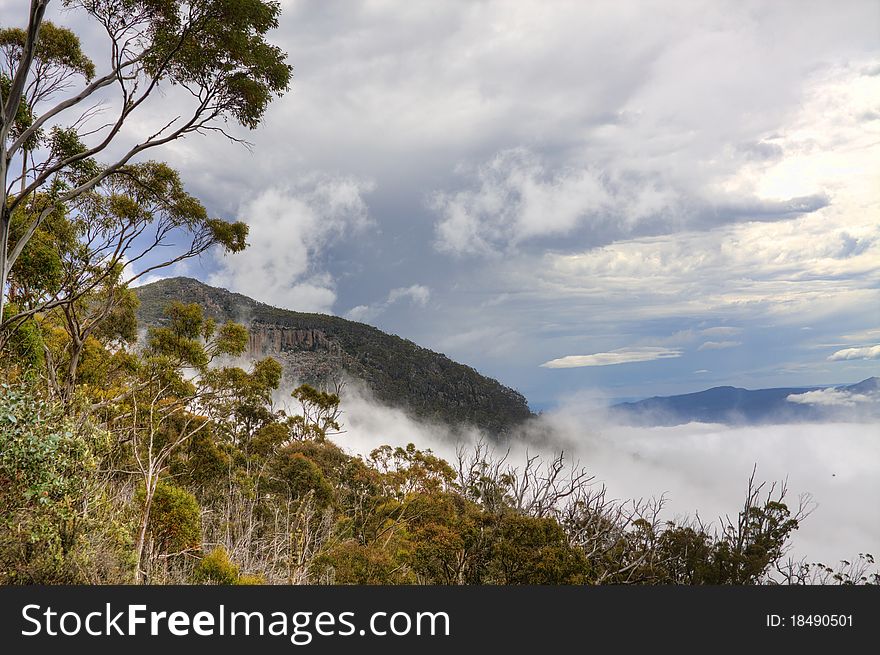 Mount Wellington in Hobart, Tasmania, on a cloudy day.