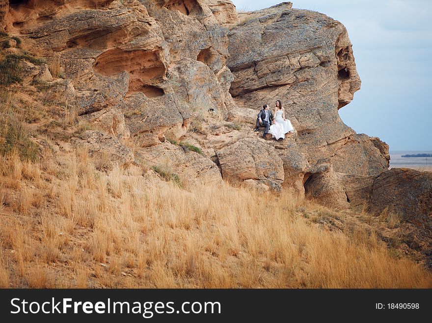 Bride and groom on the mountain. Bride and groom on the mountain