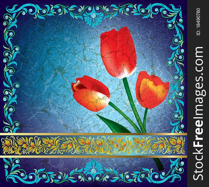 Abstract grunge greeting with red tulips on blue background. Abstract grunge greeting with red tulips on blue background