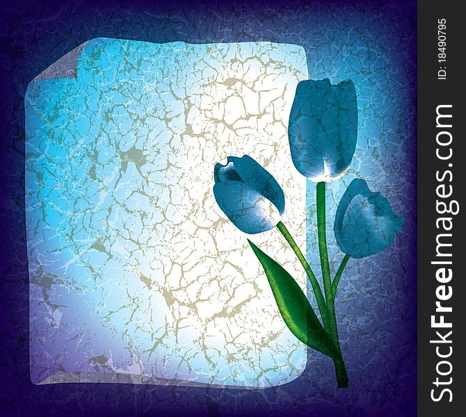 Abstract grunge greeting with tulips on blue background. Abstract grunge greeting with tulips on blue background