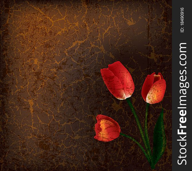 Abstract grunge illustration with red tulips on brown background. Abstract grunge illustration with red tulips on brown background