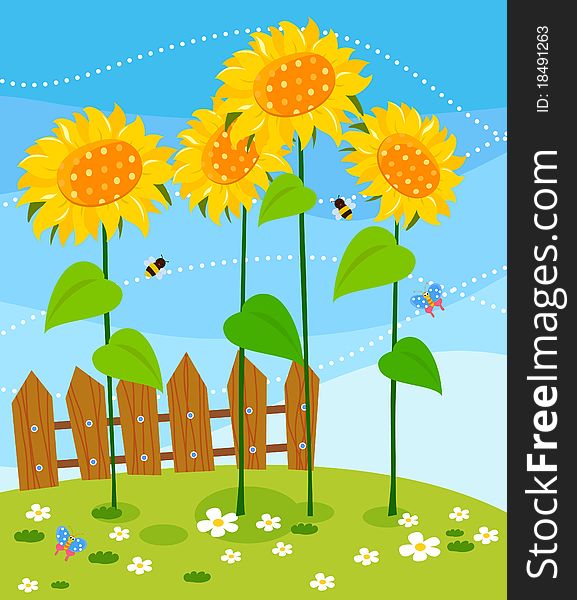 Wooden fence and sunflowers,illustration