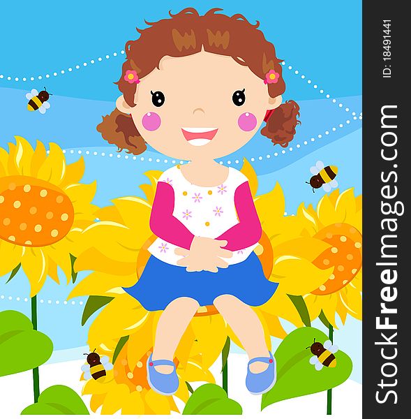 Illustration of little girl sitting on sunflower