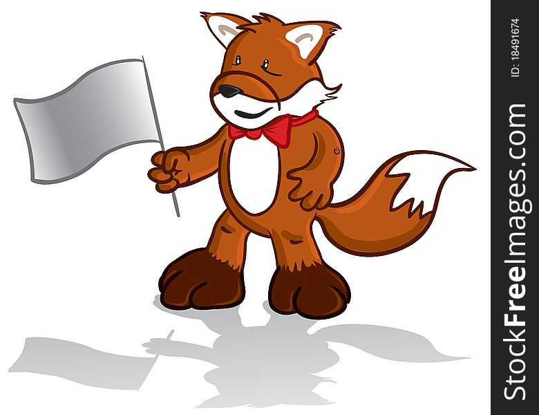 Vector illustration of a fox mascot wearing a bow tie and holding a flag in his hand. Vector illustration of a fox mascot wearing a bow tie and holding a flag in his hand