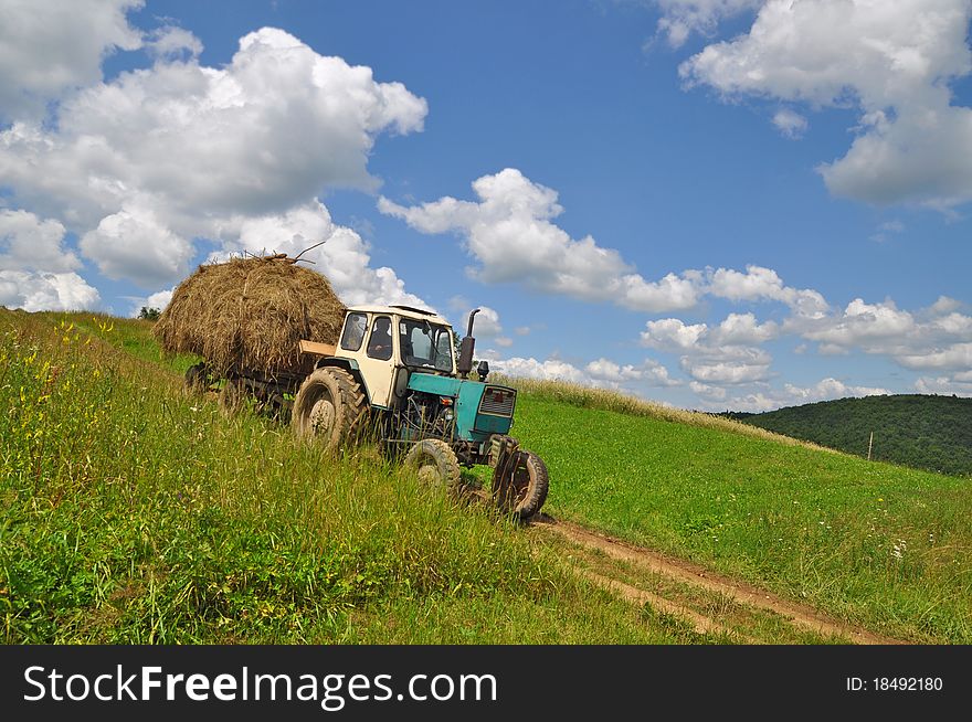 A tractor with the trailer the loaded hay in a summer rural landscape with a young clover and white clouds. A tractor with the trailer the loaded hay in a summer rural landscape with a young clover and white clouds