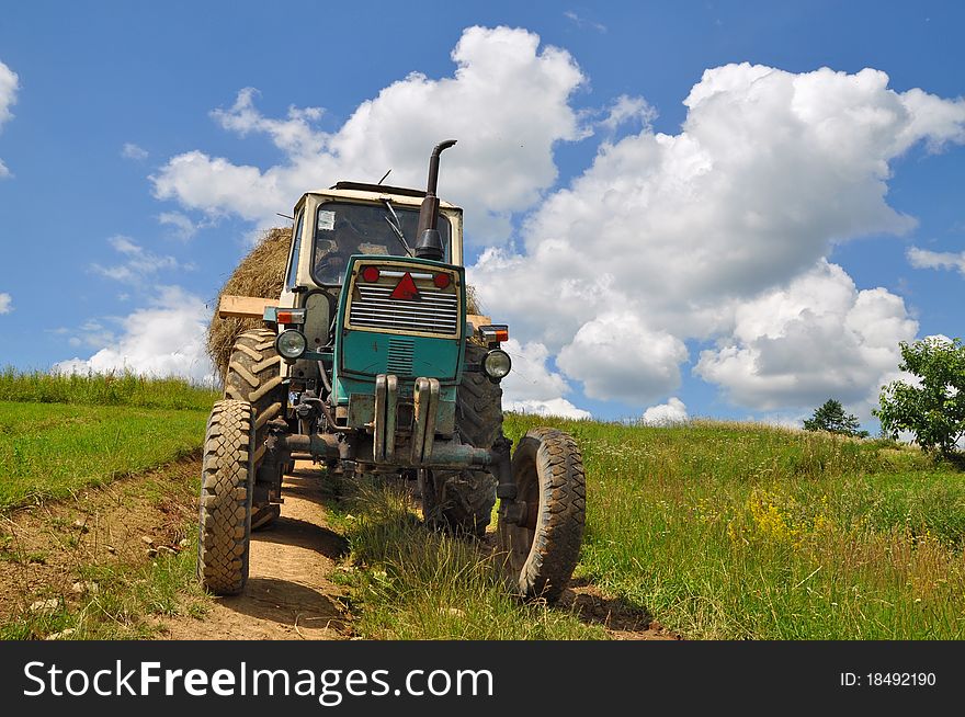 A tractor with the trailer the loaded hay in a summer rural landscape with a young clover and white clouds. A tractor with the trailer the loaded hay in a summer rural landscape with a young clover and white clouds