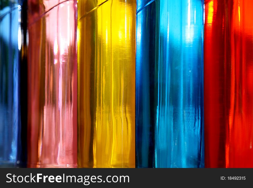 Blue, yellow and red Bottles, colors image. Blue, yellow and red Bottles, colors image