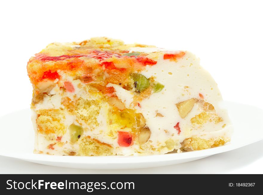 Piece of sponge-cake on white plate