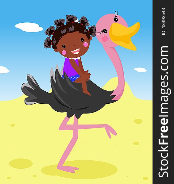 Illustration of girl and ostrich