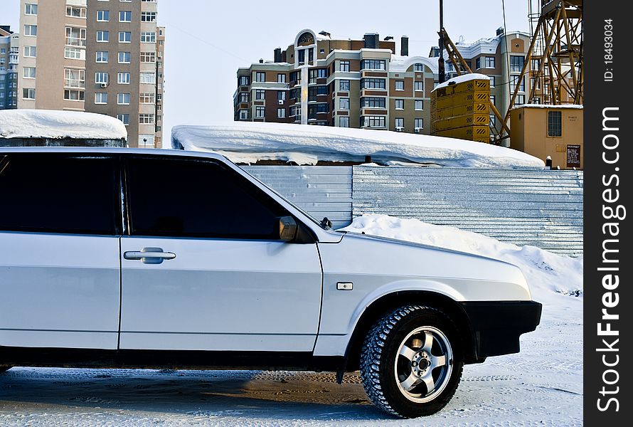 Russian car near building on snow