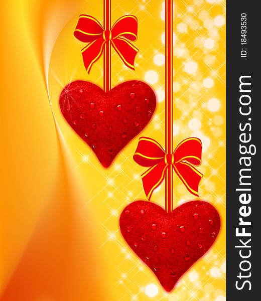 Holiday background with two hearts and red bows