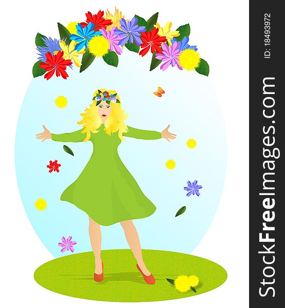 Young lady with flowers wreath on her head welcoming spring, bow with spring flowers, vector format. Young lady with flowers wreath on her head welcoming spring, bow with spring flowers, vector format