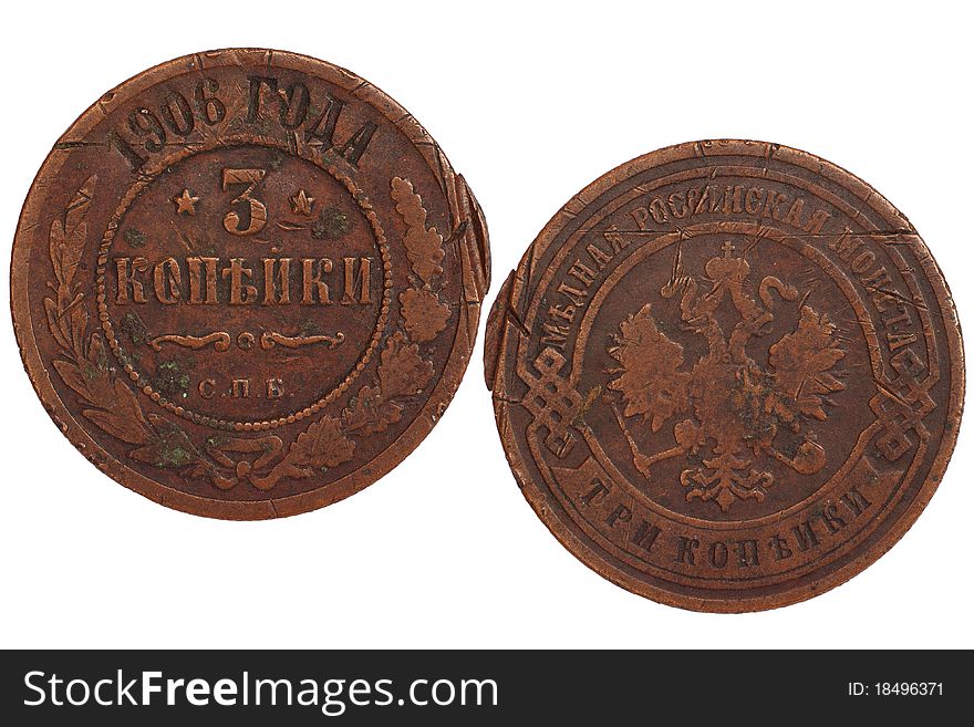 Antique russian coin isolated on white background
