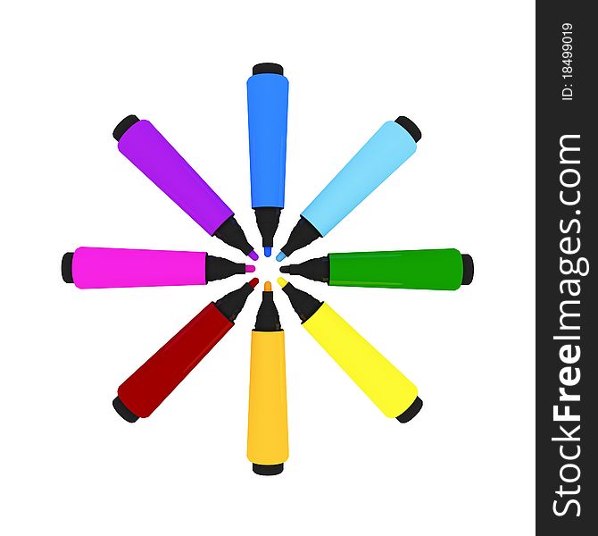 Colorful marker-pens shape of a sun. Isolated on white.