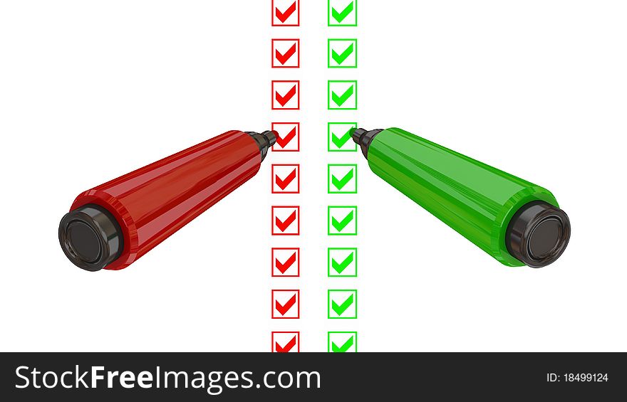 Red and green marker pens. Do your choice concept. Isolated on white.