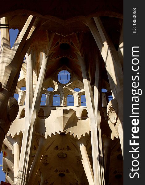 Detail of the inside work of la Sagrada Familia at the city of Barcelona, Catalunya, Spain, Europe