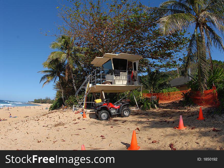 A lifeguard tower in North Shore of Oahu