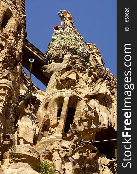 Detail of the towers of la Sagrada Familia at the city of Barcelona, Catalunya, Spain, Europe. Detail of the towers of la Sagrada Familia at the city of Barcelona, Catalunya, Spain, Europe