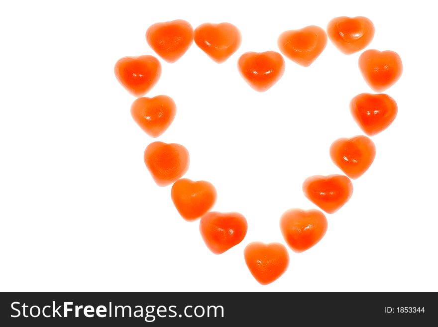 Closeup for little jellys in heart shape isolated on white background. Closeup for little jellys in heart shape isolated on white background
