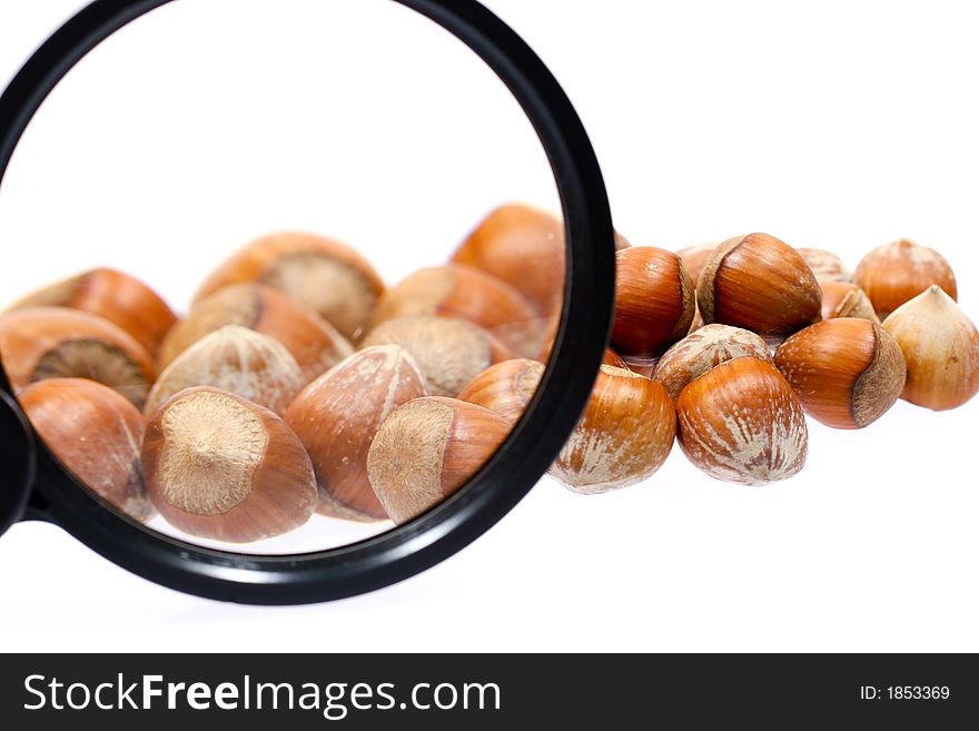 Extreme closeup for little hazelnuts isolated on white background