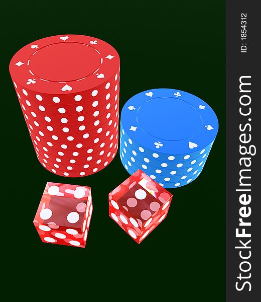 3d rendered illustration of red dice and jetons