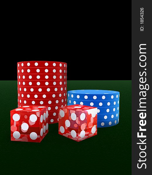 3d rendered illustration of red dice and jetons