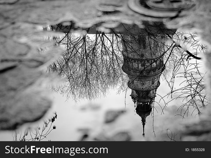 Tower of Krumlov castle reflect in splash. Tower of Krumlov castle reflect in splash