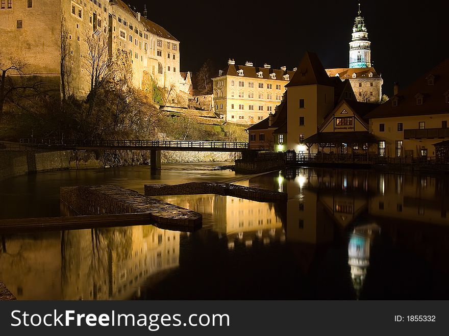 Cesky Krumlov during the night reflects in Vltava river. Cesky Krumlov during the night reflects in Vltava river