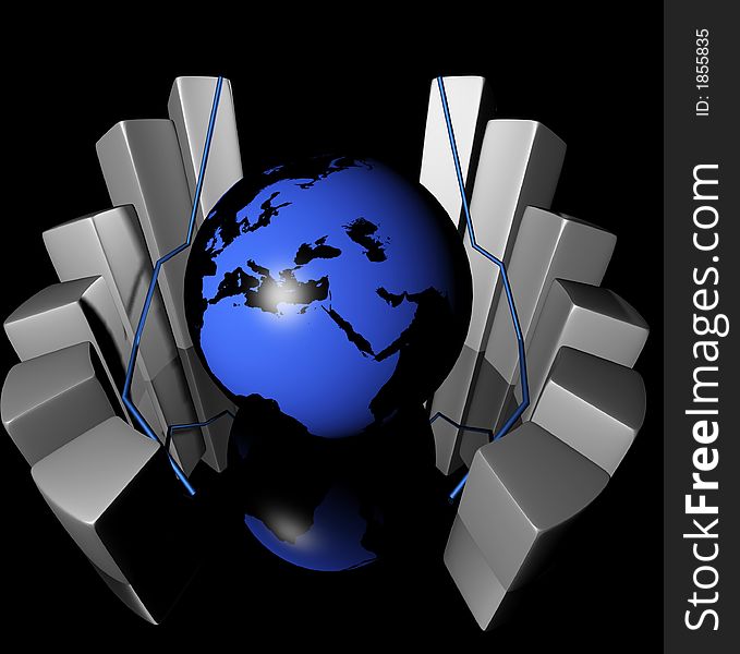 3d rendered earth and bars showing profits increasing. 3d rendered earth and bars showing profits increasing