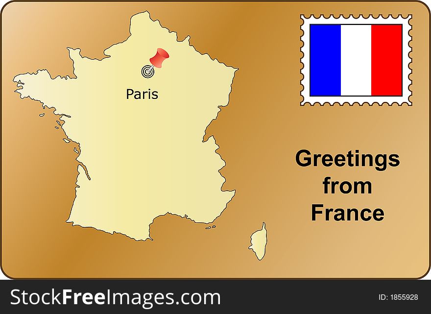 Postcard with France map and Paris, france flag as stamp. Postcard with France map and Paris, france flag as stamp