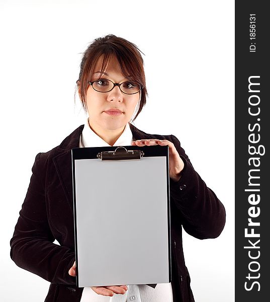 Attractive woman with clipboard on white background. Attractive woman with clipboard on white background