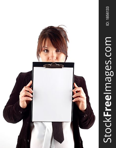 Attractive woman with clipboard on white background. Attractive woman with clipboard on white background