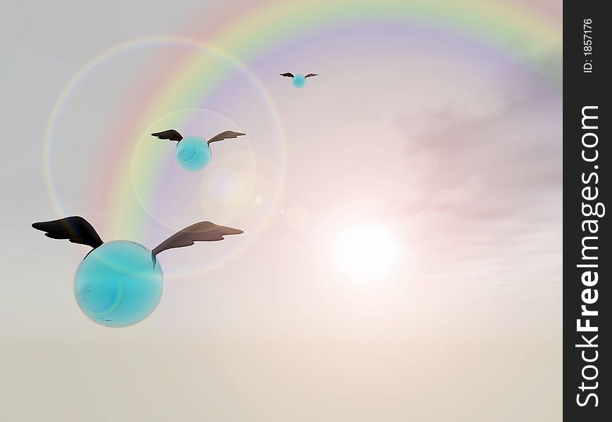 3D Flying Orbs into a Rainbow Sunrise