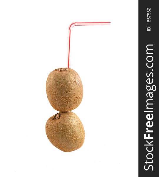 Kiwi fruits with a straw on a white background