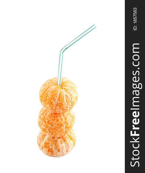Peeled mandarins with a straw on a white background